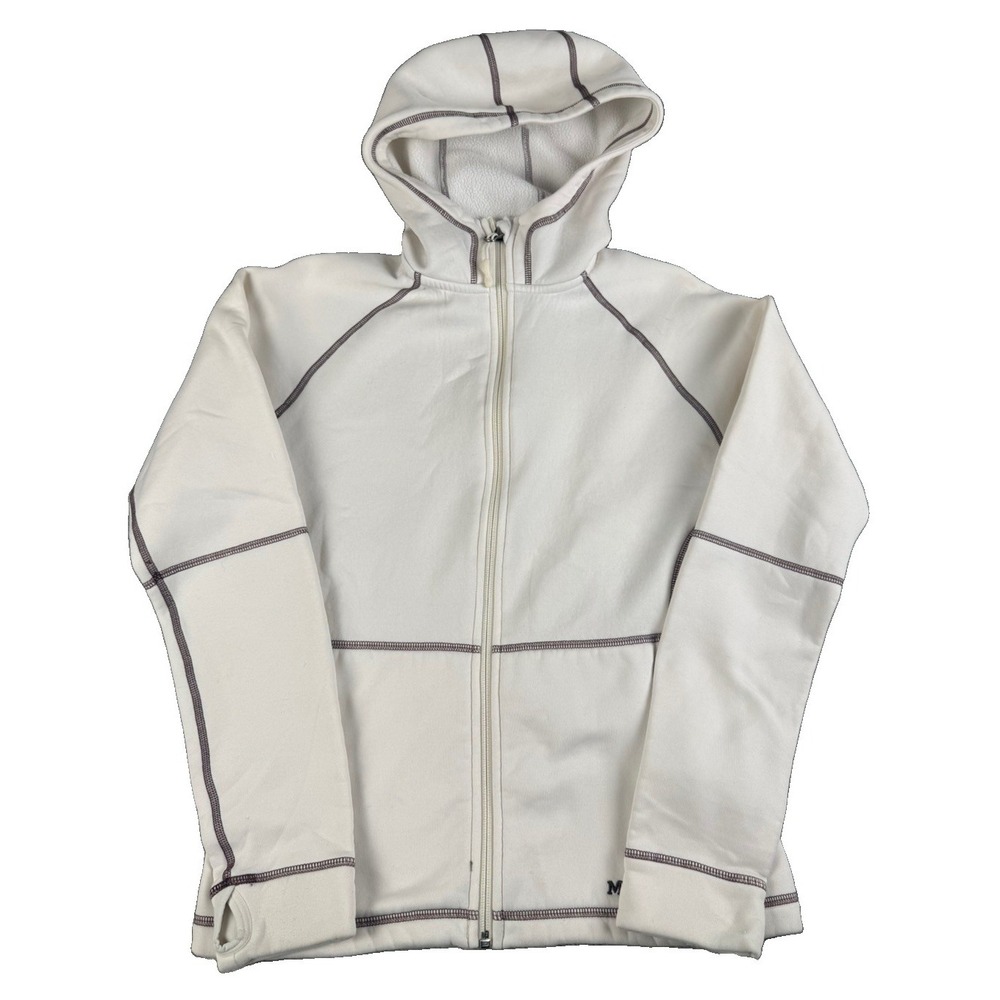 Marmot Polartec Fleece Jacket Womens M Cream Hooded Full Zip Thumbholes Outdoor